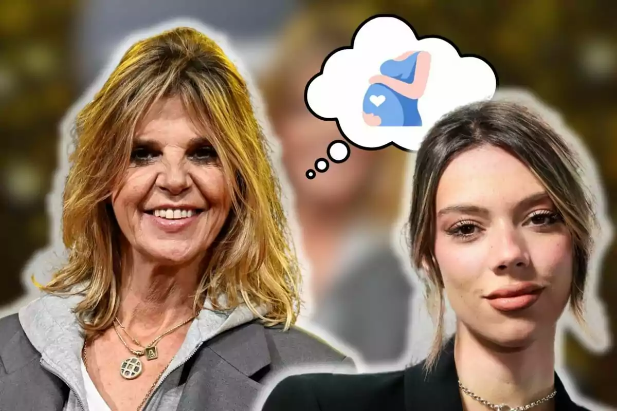 Arantxa de Benito i Alejandra Rubio somrients amb un globus de pensament que mostra una imatge d'embaràs.