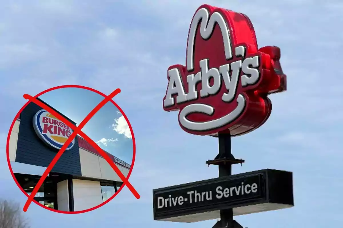 Un rètol d'Arby's amb un símbol de prohibit sobre un restaurant de Burger King.