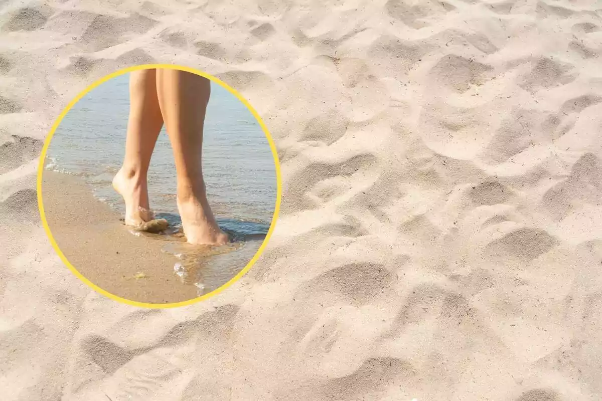 Muntatge de sorra de platja i rodona amb peus descalços per la riba