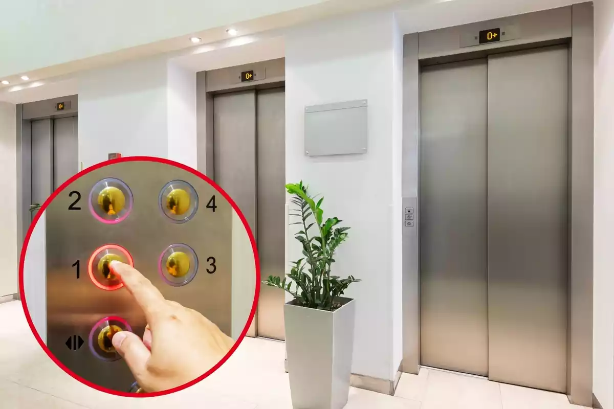 Muntatge amb tres ascensors al replà d'un edifici i un cercle amb una mà prement el botó d'un ascensor
