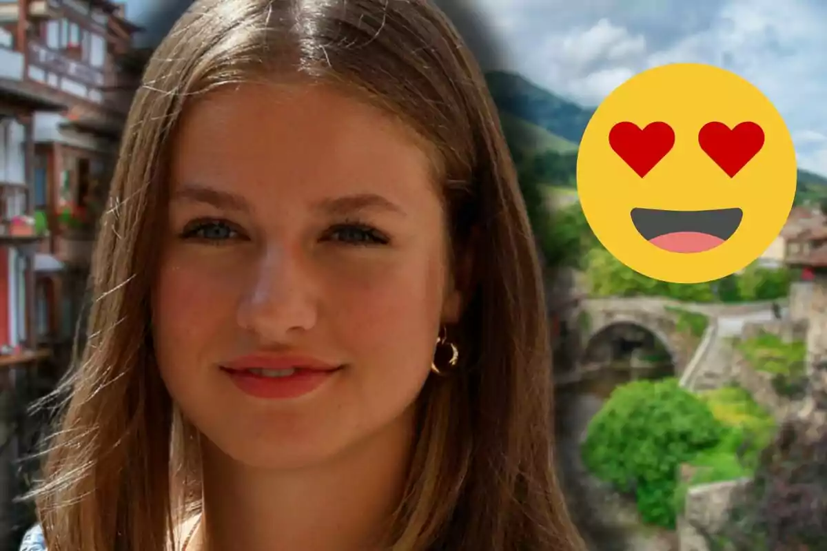 La princesa Leonor somrient amb un emoji d'ulls de cor sobre un fons de paisatge urbà.