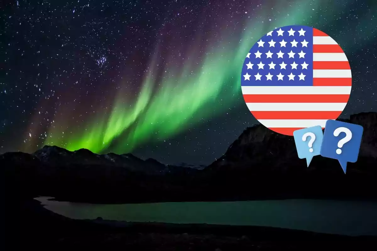 Starry sky with northern lights over mountains and lake, with a graphic of the United States flag and two speech bubbles with question marks.