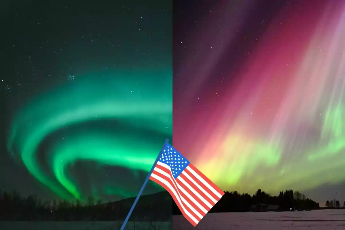 Una imagen dividida muestra auroras boreales en tonos verdes a la izquierda y en tonos rosados a la derecha con una bandera de Estados Unidos en el centro.