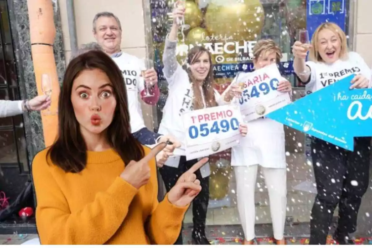 Muntatge de celebració de Loteria de Nadal i una dona sorpresa