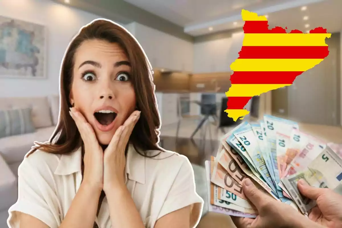 Woman surprised with hands on her face, euro bills, and a map with colors of the Catalan flag in the background of a modern room. Woman surprised with hands on her face, euro bills, and a map with colors of the Catalan flag in the background of a modern room.