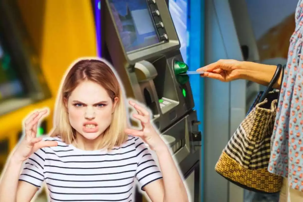 Una dona introdueix la targeta en un caixer bancari, i en primer pla apareix una dona amb gest d'enuig