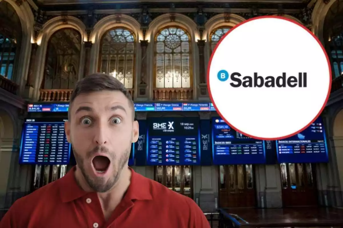 Muntatge del logotip del Banc Sabadell, la Borsa de Madrid i un home impactat