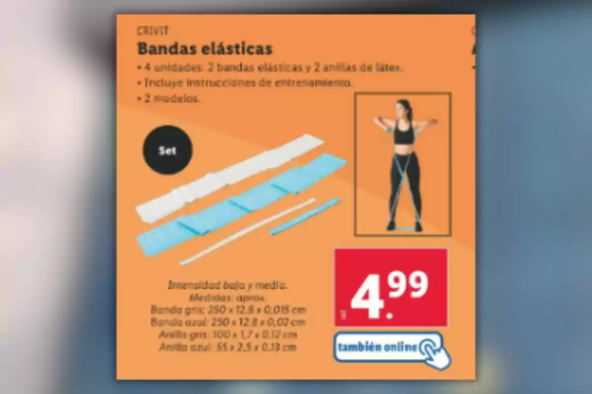Joc de bandes elàstiques Crivit amb 4 unitats: 2 bandes elàstiques i 2 anelles de làtex, inclou instruccions d'entrenament i 2 models, disponible per 4,99, també en línia. Joc de bandes elàstiques Crivit amb 4 unitats: 2 bandes elàstiques i 2 anelles de làtex, inclou instruccions d'entrenament i 2 models, disponible per 4,99, també en línia.