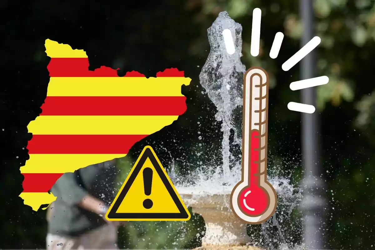 Map of Catalonia with red and yellow stripes, a warning symbol and a thermometer indicating high temperatures next to a water source. Map of Catalonia with red and yellow stripes, a warning symbol and a thermometer indicating high temperatures next to a water source.