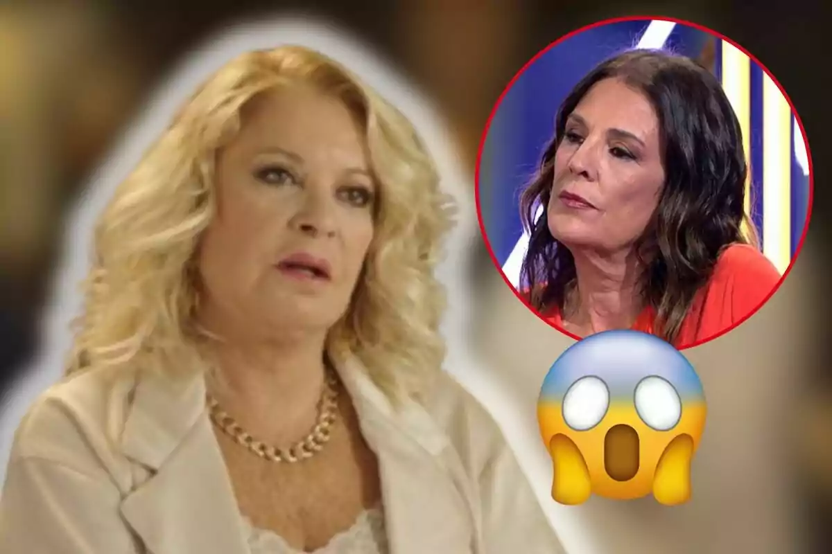 Bárbara Rey i Ángela Portero en una imatge, una en primer pla amb cabell ros i expressió seriosa, i una altra en un requadre circular amb cabell fosc, acompanyades d'un emoji sorprès.