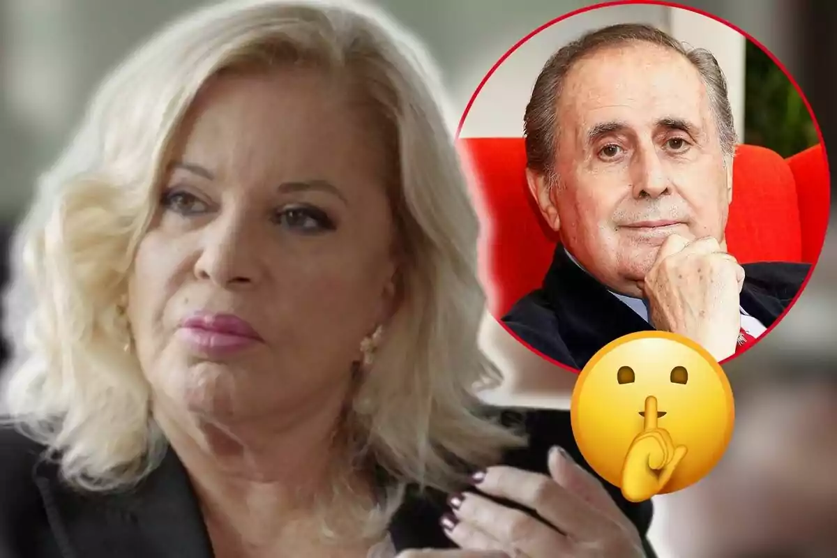 Bárbara Rey de cabell ros apareix en primer pla amb una expressió seriosa mentre a la cantonada superior dreta hi ha un cercle vermell amb la imatge de Jaime Peñafiel i un emoji de silenci.