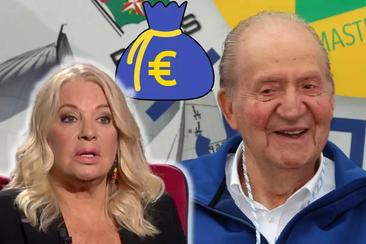 Bárbara Rey i Juan Carlos I somriuen davant d'un fons colorit amb un gràfic d'una bossa de diners amb el símbol de l'euro.