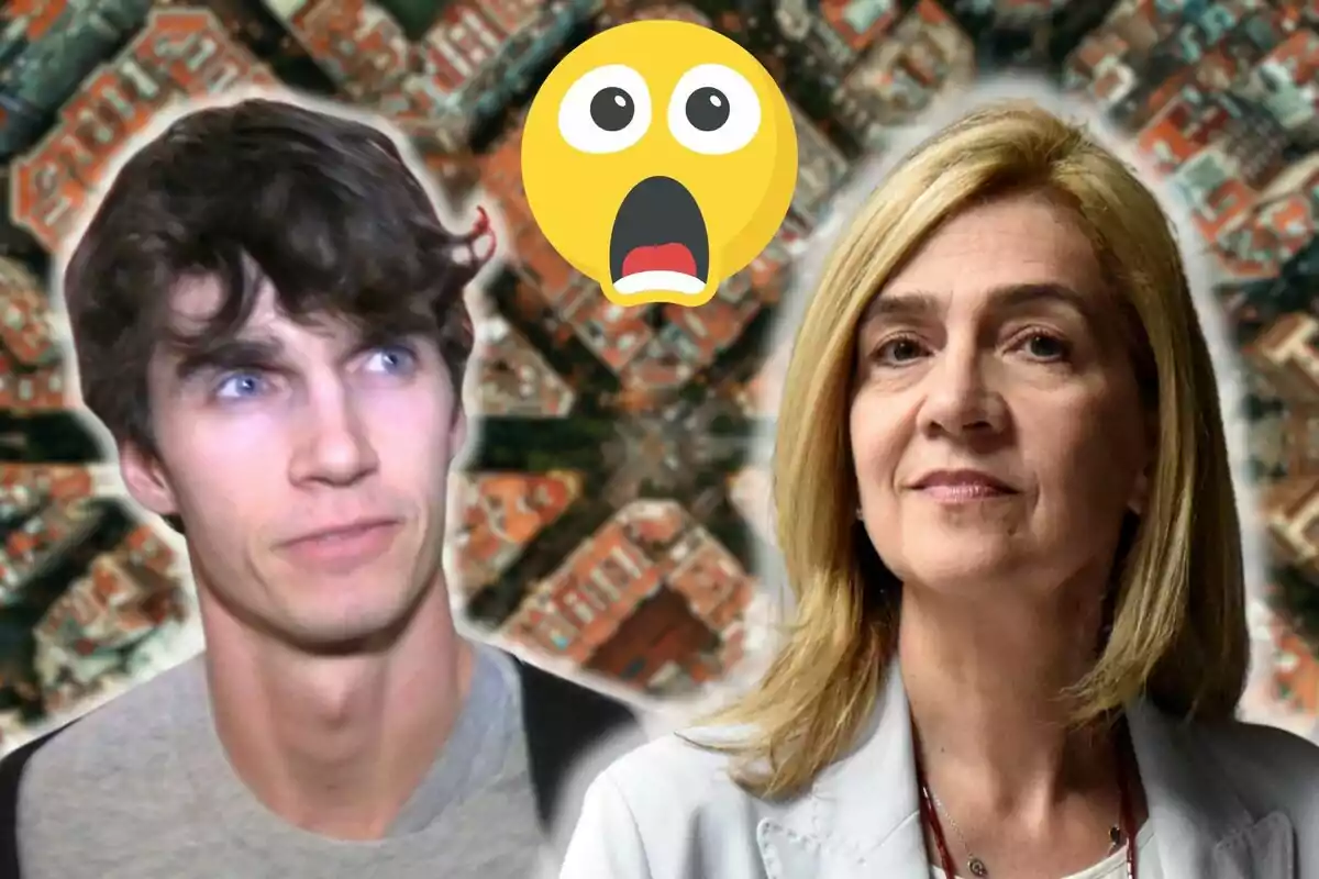 Pablo Urdangarin i la infanta Cristina amb una expressió de sorpresa i un emoji de cara sorpresa sobre un fons d'edificis.