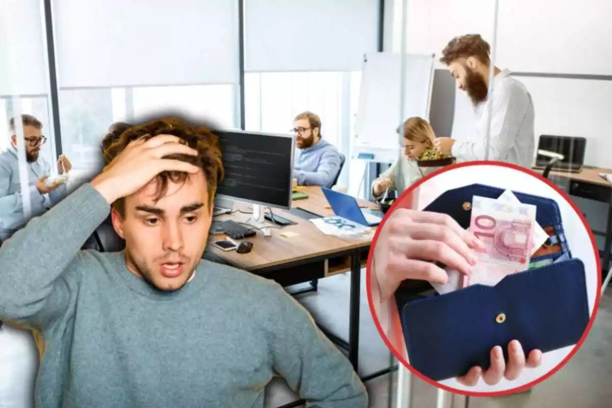 Un home s'emporta les mans al capdavant, al fons una oficina amb treballadors i al cercle, una cartera amb bitllets