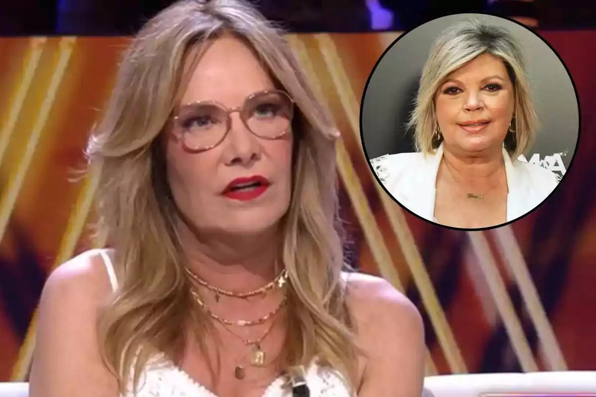 Belén Rodríguez parla en un programa de televisió, mentre que en un requadre es mostra Terelu Campos amb una jaqueta blanca.