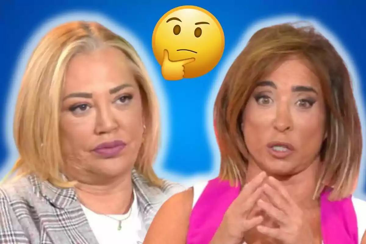 Belén Esteban i María Patiño en un programa de televisió amb un emoji pensatiu entre elles.