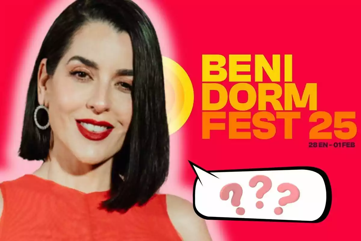 Ruth Lorenzo amb cabell fosc i llavis vermells somriu davant d'un fons vermell amb el text "Benidorm Fest 25" i dates "28 EN - 01 FEB", al costat d'un globus de diàleg amb signes d'interrogació.