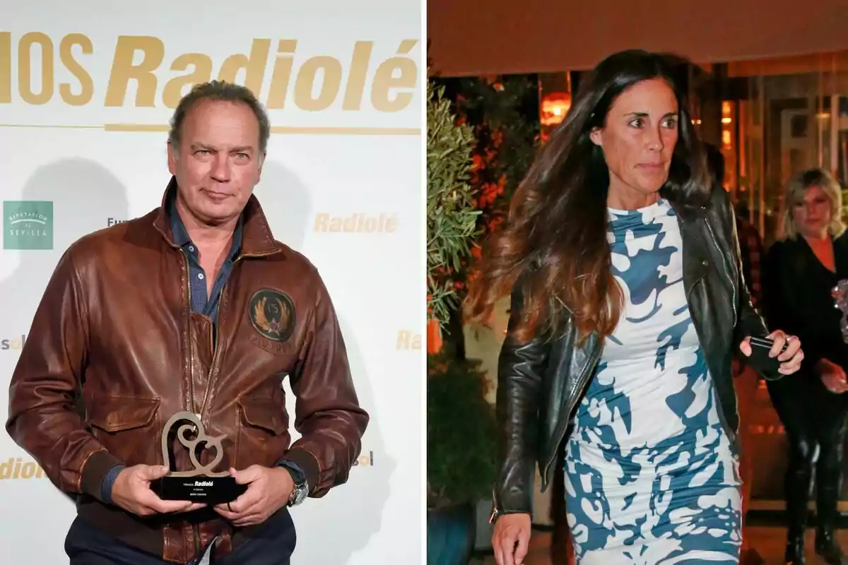 Bertín Osborne amb jaqueta de cuir sosté un trofeu en un esdeveniment de Radiolé mentre Isabel Rábago amb jaqueta de cuir i vestit estampat camina en un entorn il·luminat. Bertín Osborne amb jaqueta de cuir sosté un trofeu en un esdeveniment de Radiolé mentre Isabel Rábago amb jaqueta de cuir i vestit estampat camina en un entorn il·luminat.