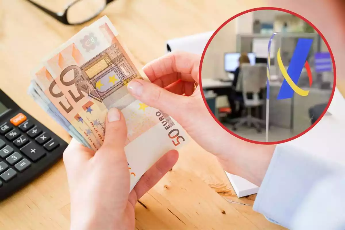 Un home gestiona bitllets d'euros, i al cercle, el logotip d'Hisenda