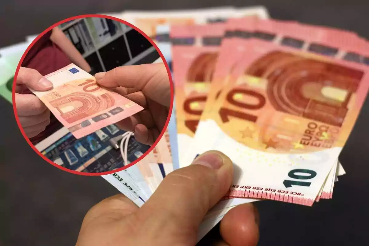 Una persona mostra diversos bitllets d'euro, i al cercle, un de 10 euros