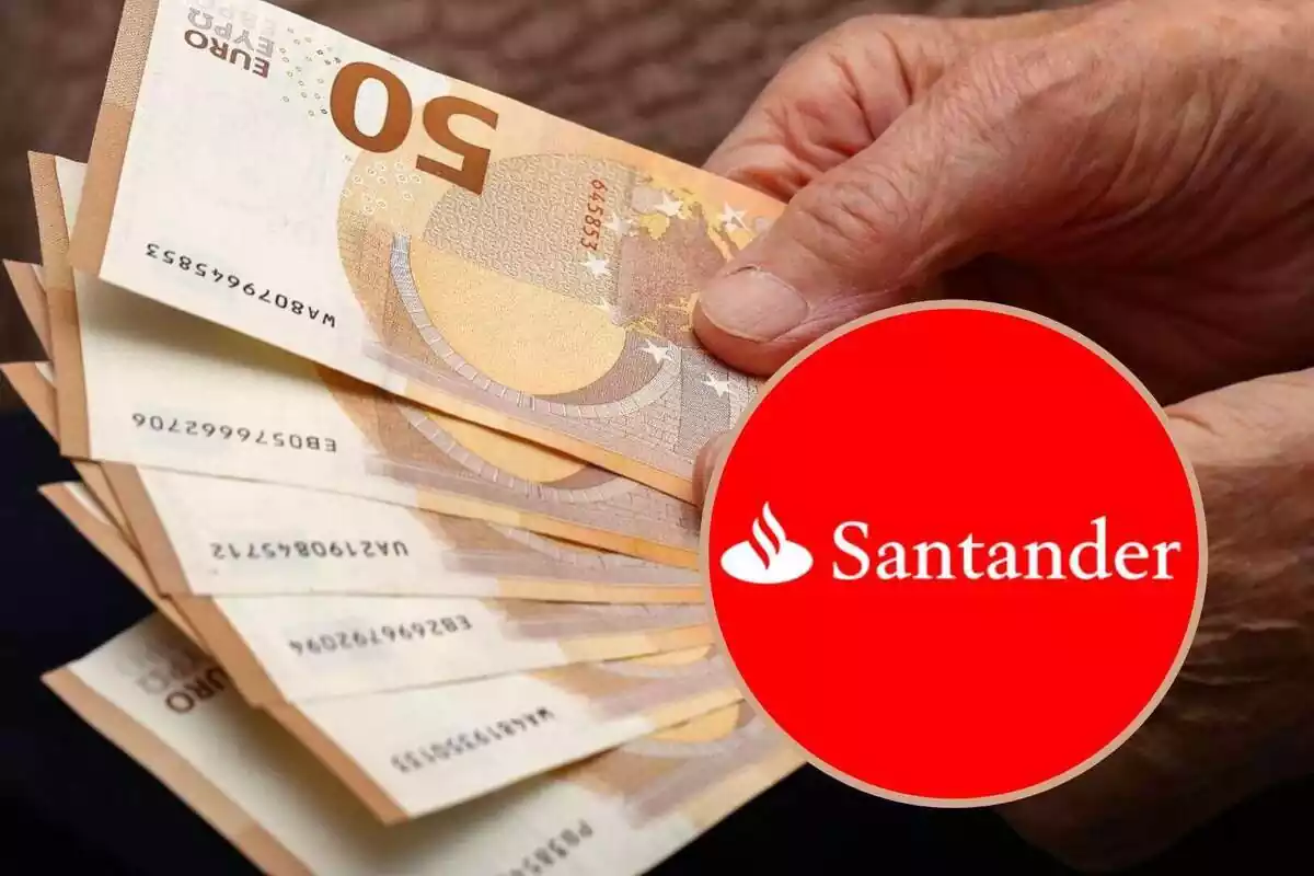Muntatge d'una persona gran subjectant bitllets amb les mans i un cercle amb el logotip del Banco Santander