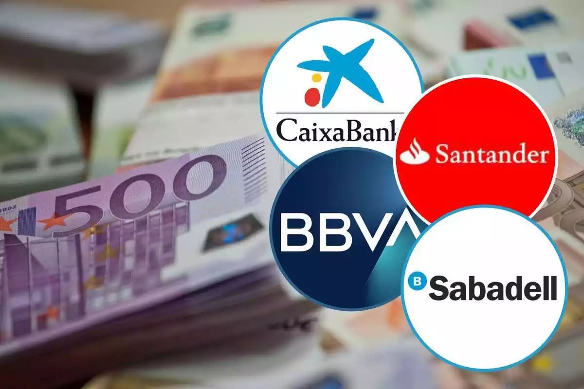 Muntatge amb diversos bitllets d'euro i els logos de CaixaBank, BBVA, Banco Santander i Banc Sabadell