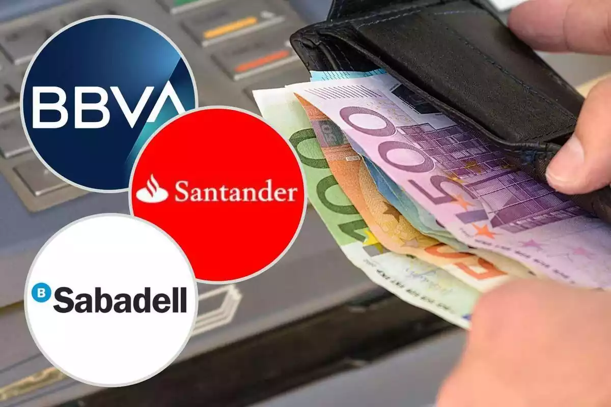 Muntatge amb una cartera amb bitllets d'euro en un caixer i tres cercles amb els logos de BBVA, Banc Sabadell i Banco Santander