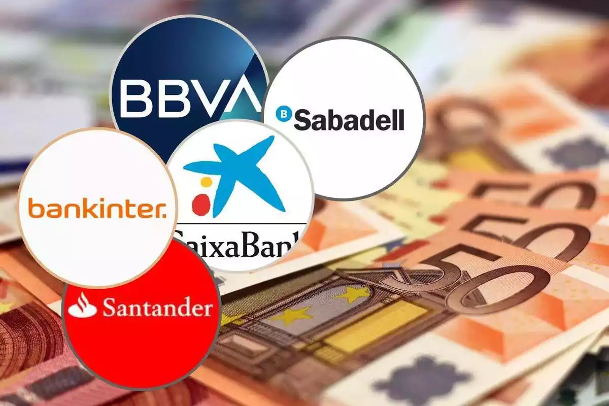 Muntatge amb una imatge de bitllets d'euro i cinc cercles amb els logos de BBVA, Banc Sabadell, Bankinter, CaixaBank i Banco Santander