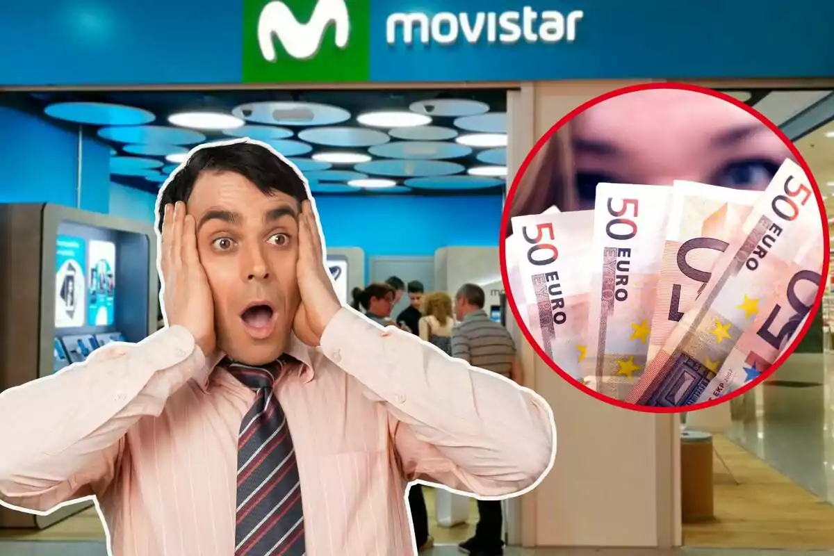 Una botiga de Movistar al fons, un home sorprès i al cercle, uns bitllets de 50 euros