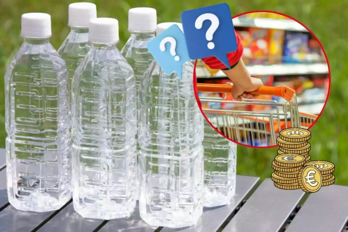 Water bottles on a table with a circle showing a hand pushing a shopping cart and coins with the euro symbol.