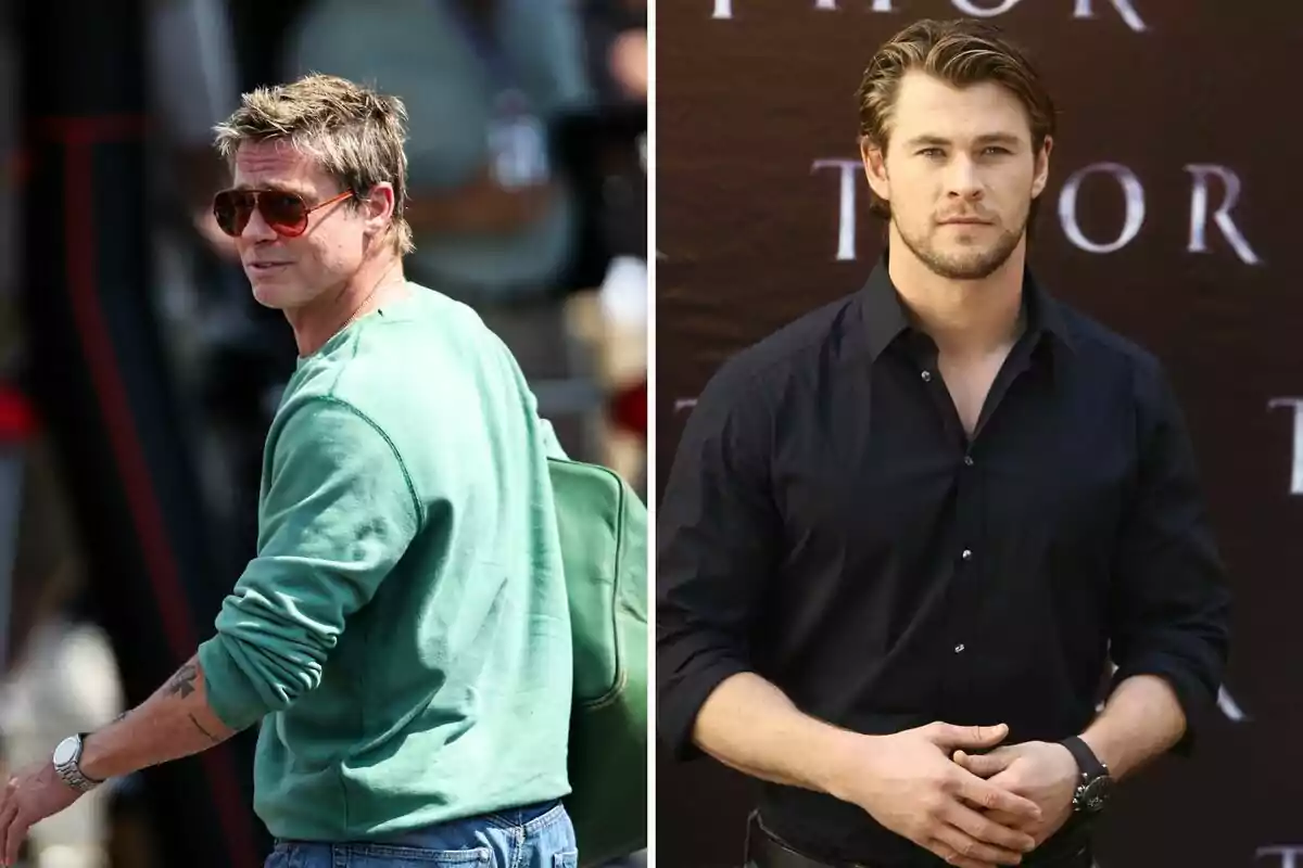 Brad Pitt i Chris Hemsworth posant en diferents contextos, un amb ulleres de sol i samarreta verda, l'altre amb camisa negra. Brad Pitt i Chris Hemsworth posant en diferents contextos, un amb ulleres de sol i samarreta verda, l'altre amb camisa negra.
