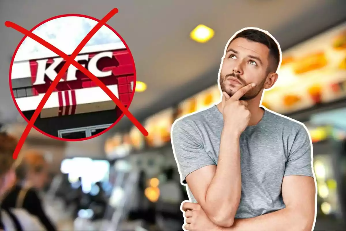 Hombre pensativo frente a un restaurante de comida rápida con un letrero de KFC tachado