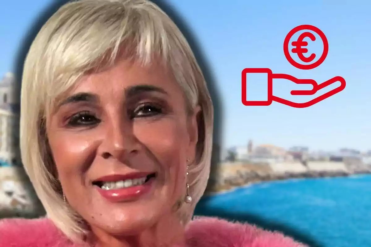 Ana María Aldón somrient amb cabell ros i una icona de mà sostenint un símbol d'euro sobre un fons costaner.