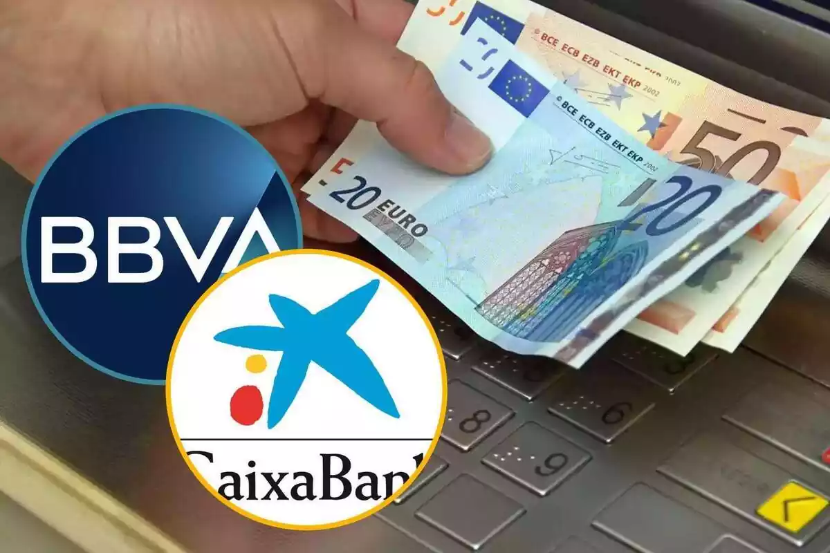 Muntatge amb una imatge d'uns bitllets en un caixer automàtic i els logos del BBVA i CaixaBank