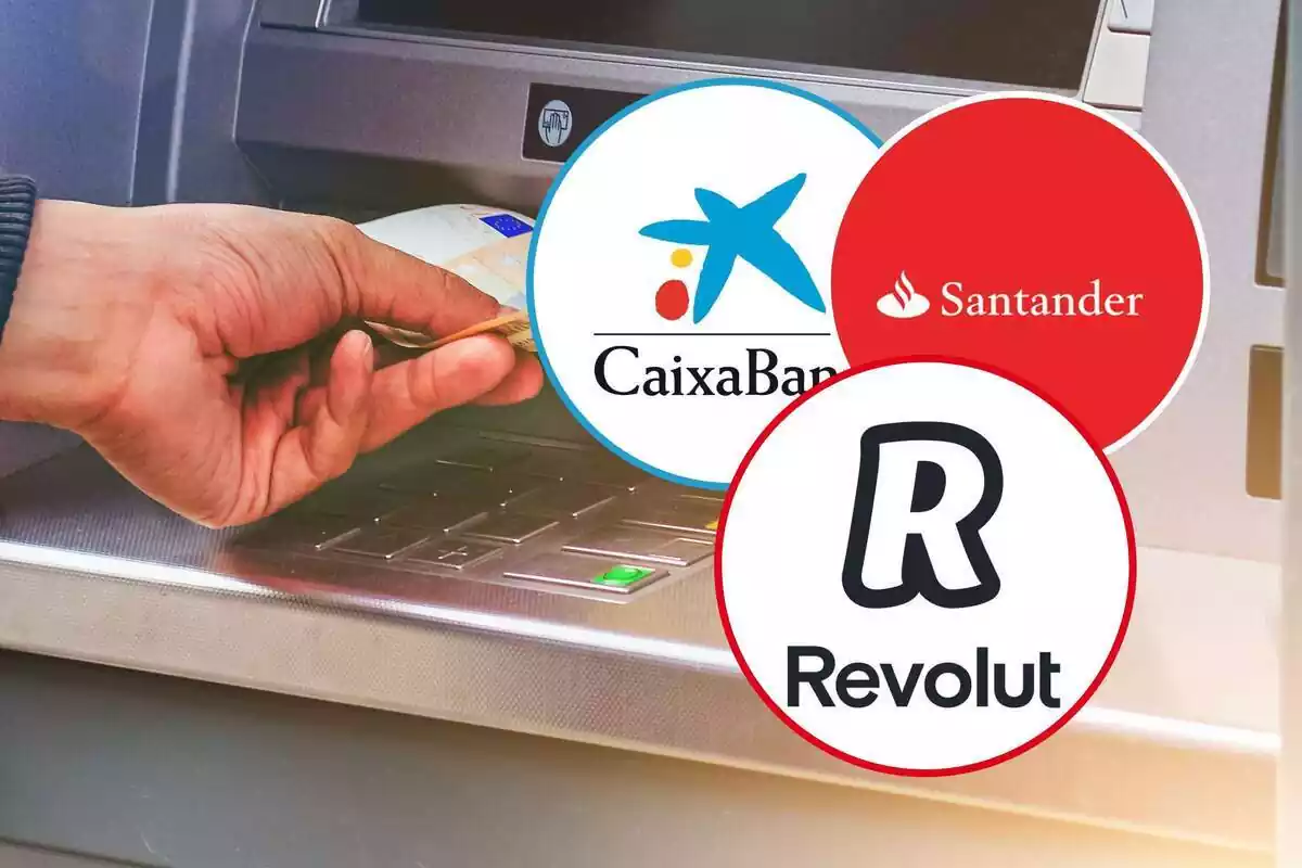 Muntatge d'un caixer automàtic i els logos de CaixaBank, Santander i Revolut