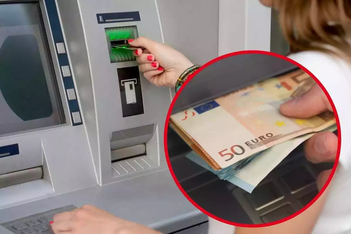 Muntatge amb una dona introduint la targeta de crèdit en un caixer automàtic i un cercle amb una mà agafant diversos bitllets d'euro