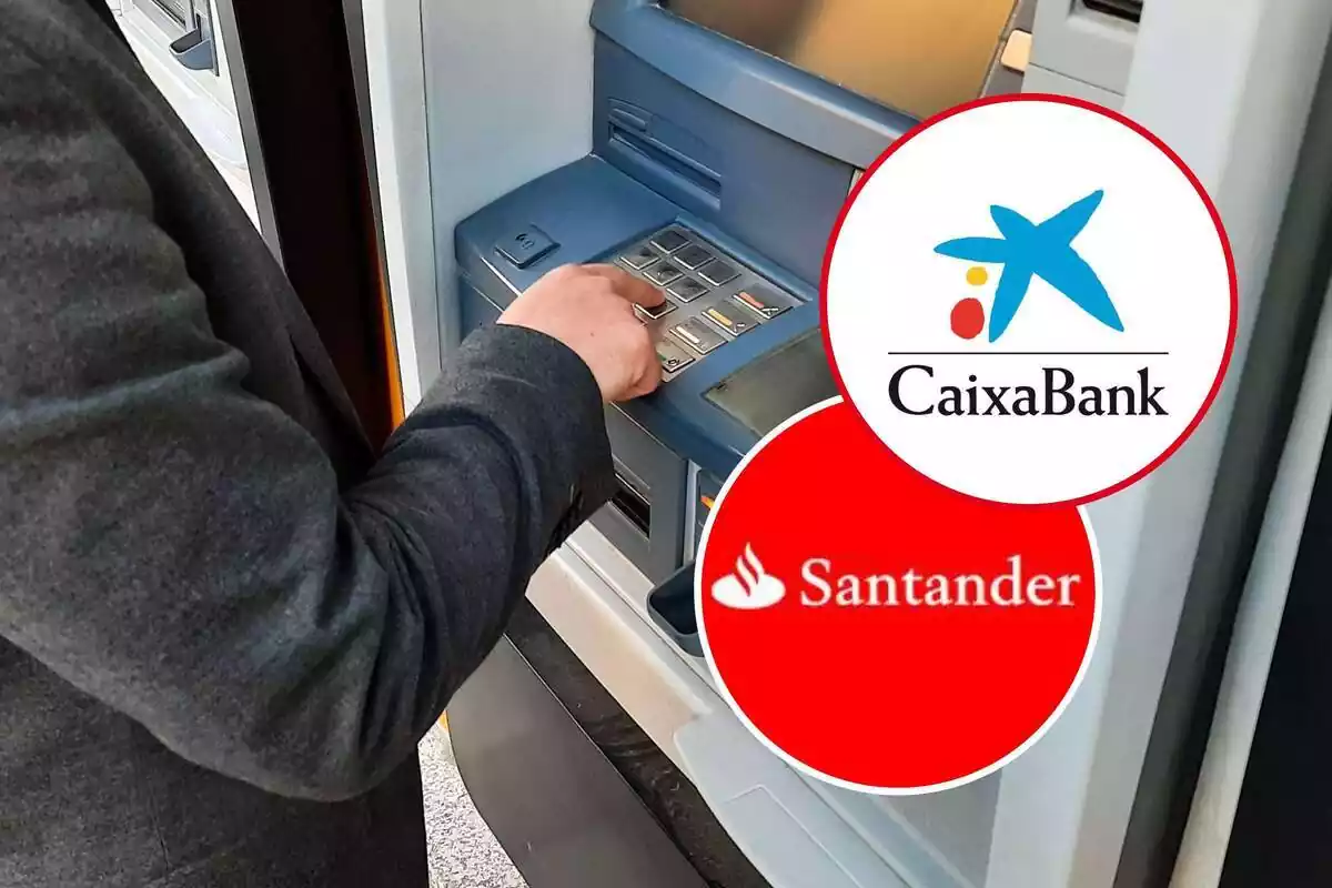 Muntatge d'una foto de fons amb caixer automàtic i dues rodones amb els logos de Santander i CaixaBank