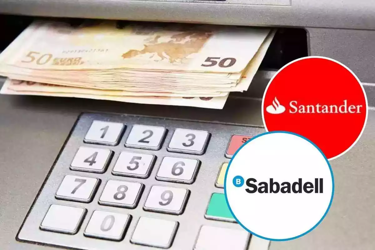 Muntatge amb una imatge de bitllets en un caixer automàtic i dos cercles amb els logos de Banc Sabadell i Banco Santander