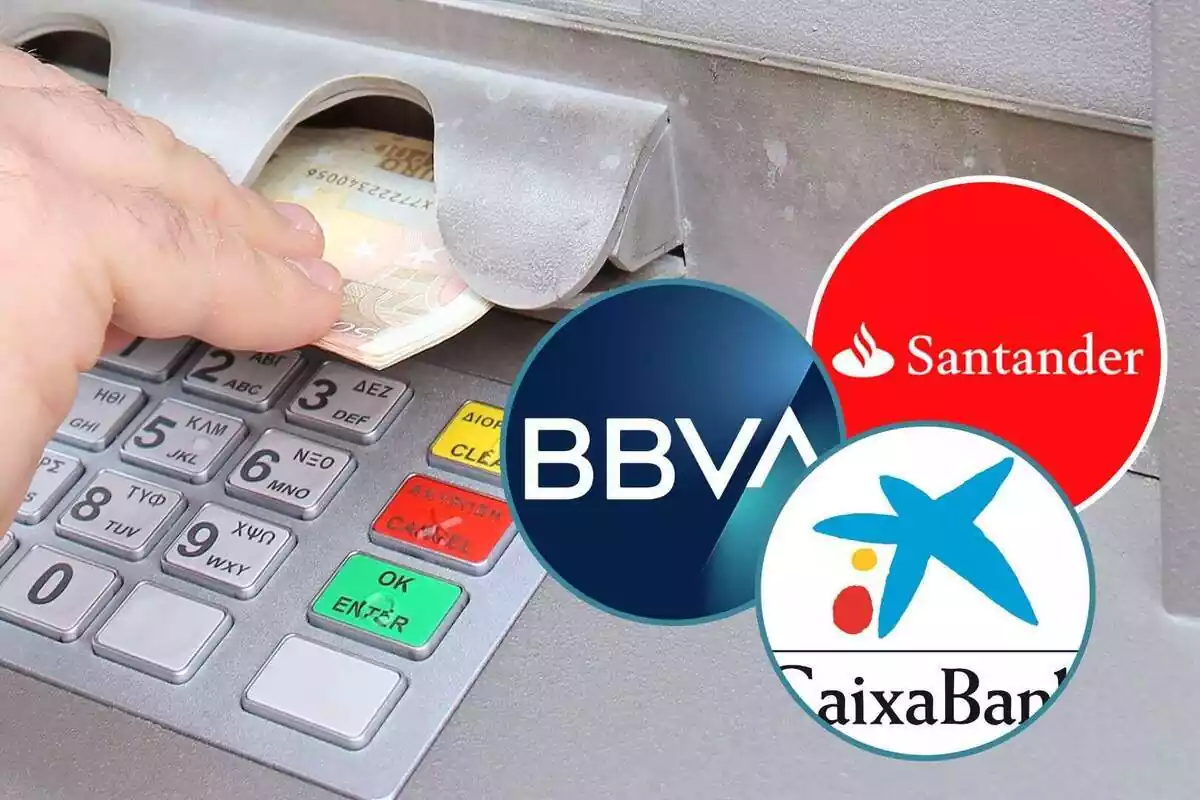 Muntatge amb una mà traient bitllets del caixer i tres cercles amb els logos del Banco Santander, BBVA i CaixaBank