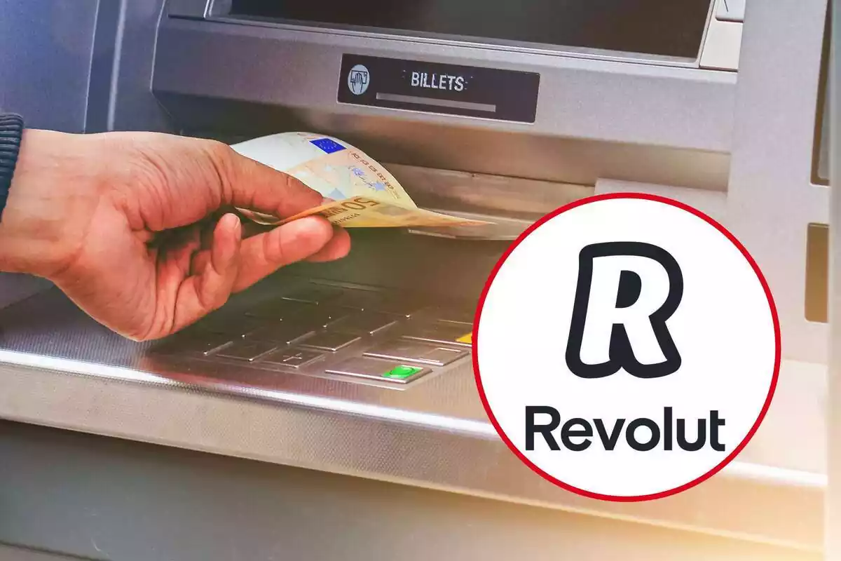 Muntatge d'un caixer automàtic agafant un bitllet de 50 euros i una rodona amb el logotip de Revolut