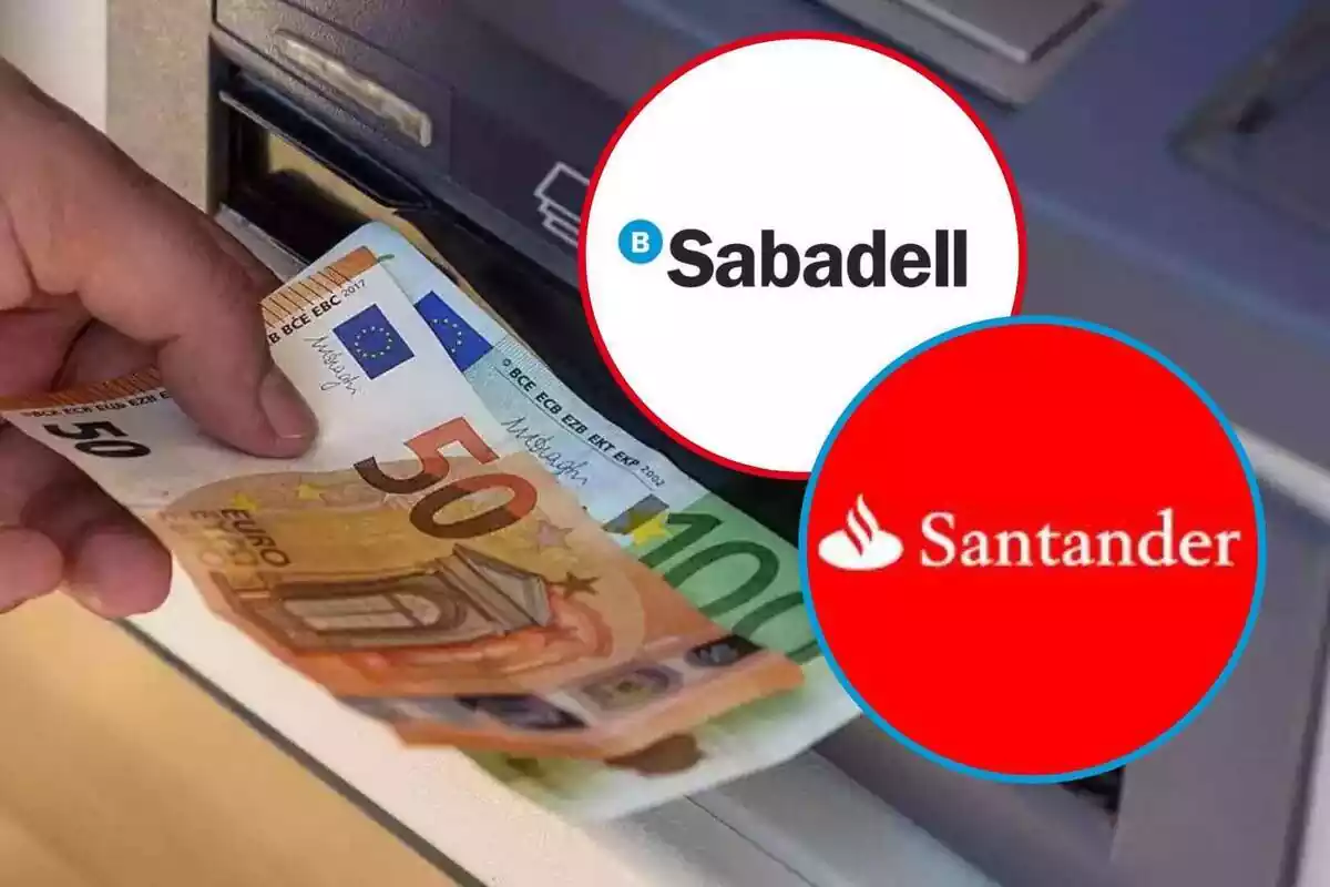 Muntatge amb una imatge d'uns bitllets en un caixer automàtic i dos cercles amb els logos de Banc Sabadell i Banco Santander