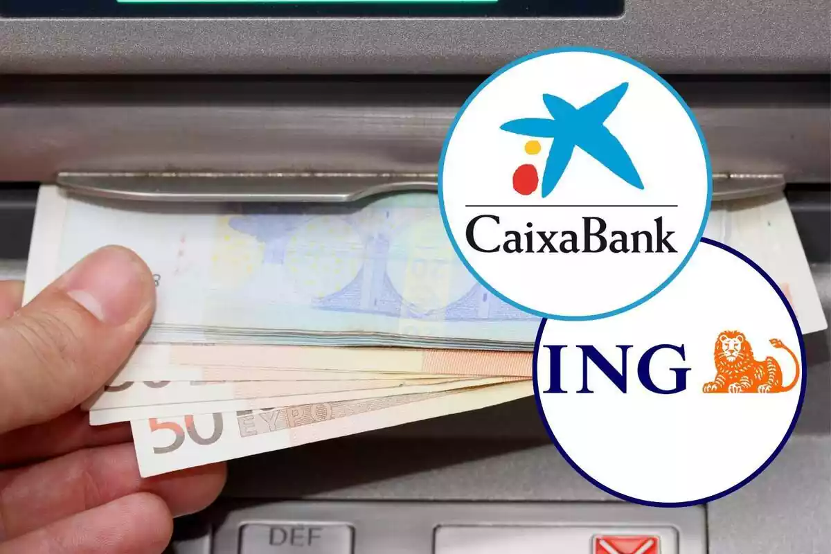 Muntatge amb una mà traient bitllets d'euro d'un caixer i dos cercles amb els logos de CaixaBank i ING