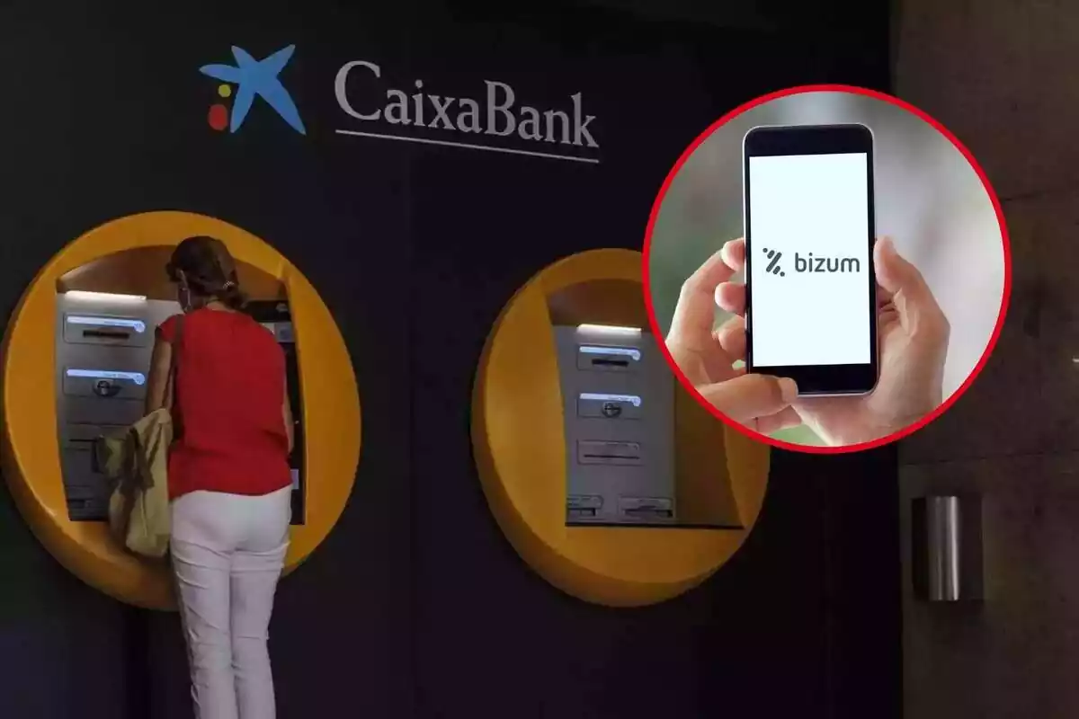 Muntatge de l'oficina CaixaBank amb una imatge d'unes mans subjectant un mòbil amb l'aplicació de Bizum oberta