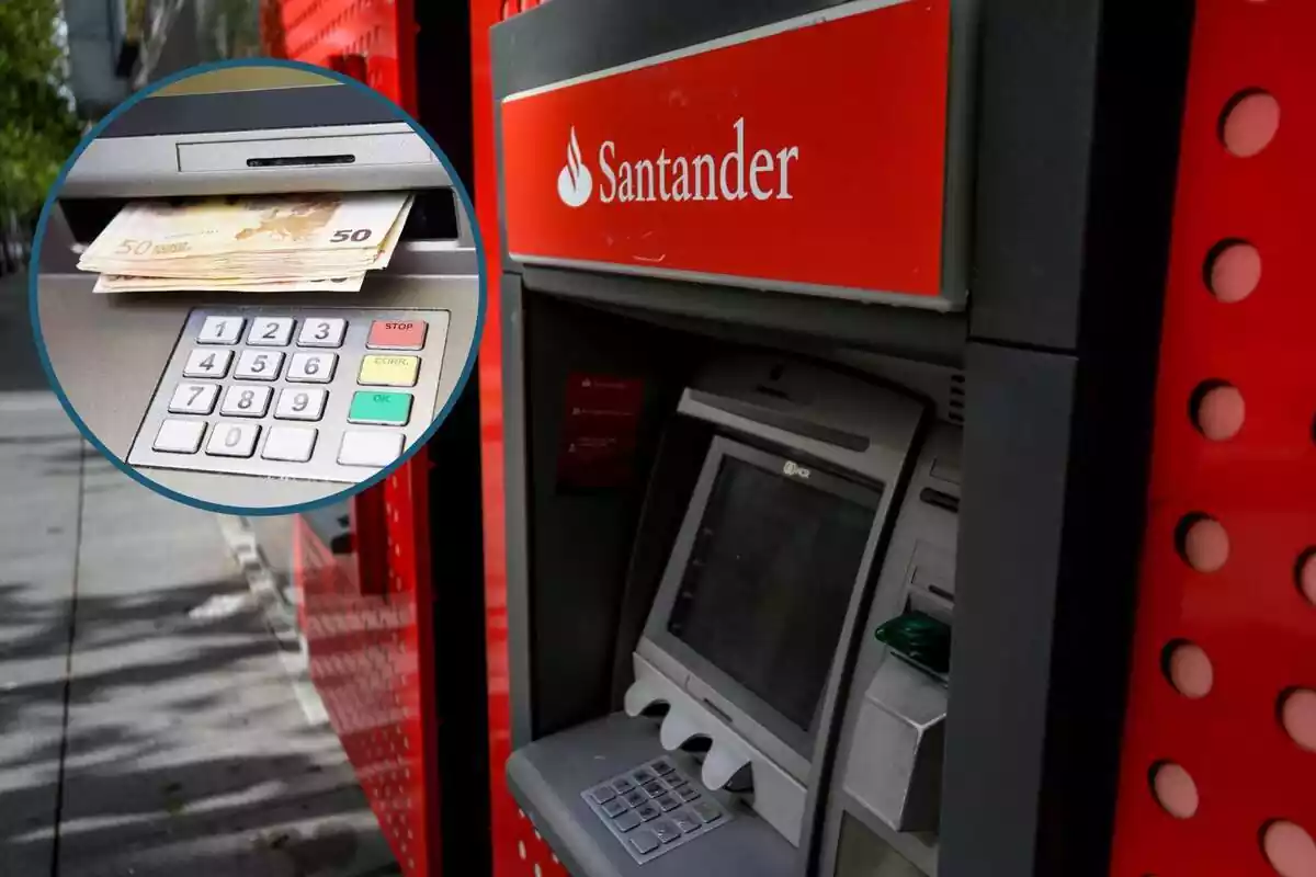 Un caixer del Banco Santander, i al cercle uns bitllets en un caixer