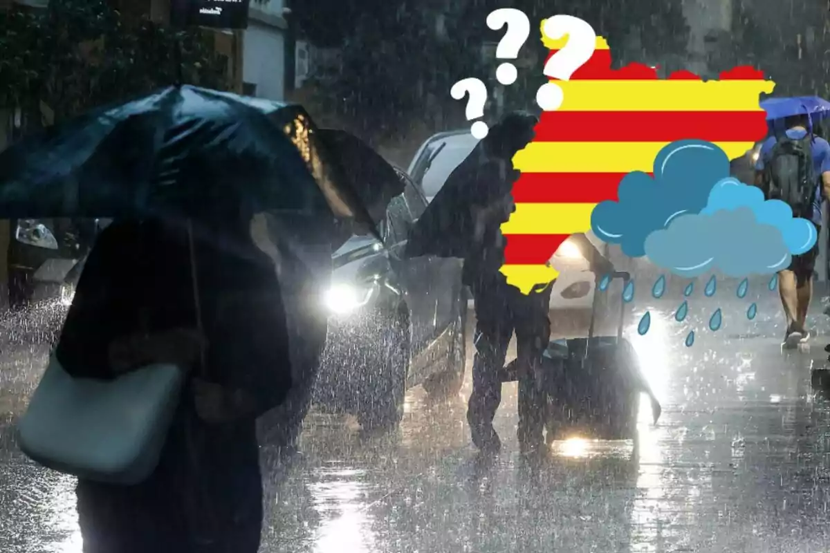 Personas caminando bajo la lluvia con paraguas y una ilustración de un mapa con signos de interrogación y nubes de lluvia. Personas caminando bajo la lluvia con paraguas y una ilustración de un mapa con signos de interrogación y nubes de lluvia.