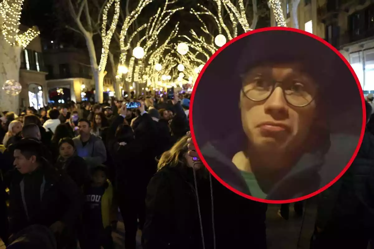 Montaje con una calle con luces de Navidad llena de gente paseando y un círculo con la cara de Jorge Rey