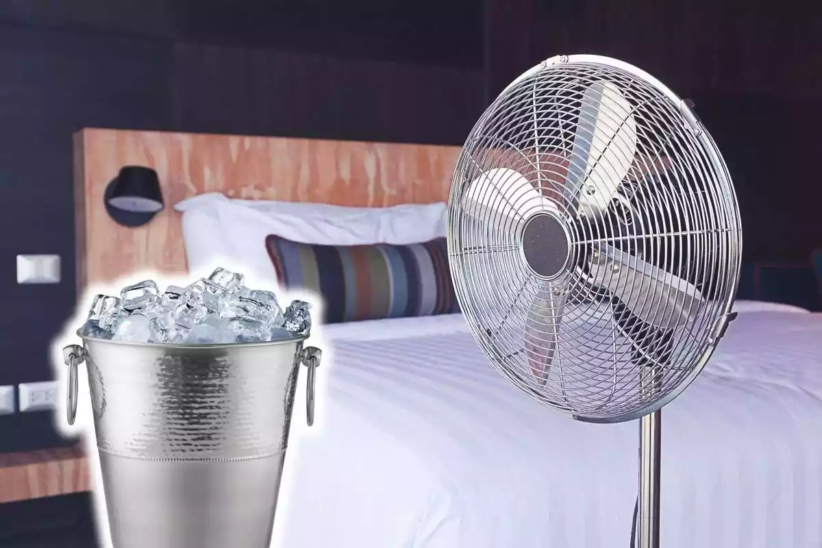 Muntatge d'un dormitori amb un ventilador i una galleda de gel