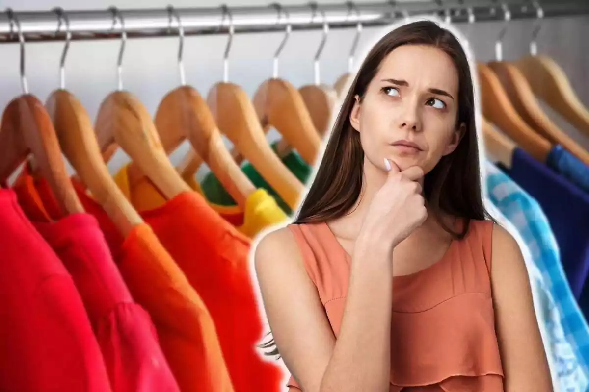Muntatge amb diverses camises de diferents colors de fons i una dona amb cara d'estar pensant