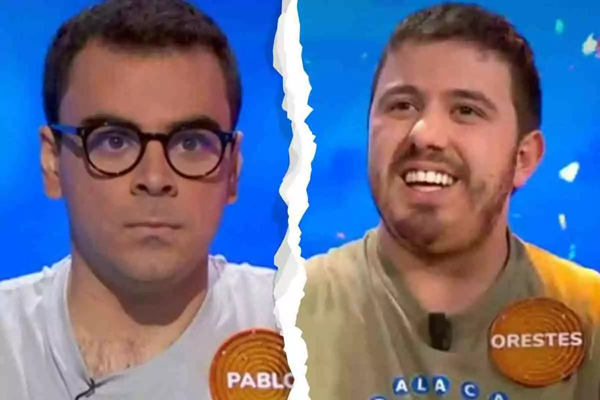 Pablo Díaz i Orestes, concursants de 'Pasapalabra', apareixen a la imatge, Pablo amb expressió seriosa i ulleres, Orestes somrient, separats per una línia blanca al centre. Pablo Díaz i Orestes, concursants de 'Pasapalabra', apareixen a la imatge, Pablo amb expressió seriosa i ulleres, Orestes somrient, separats per una línia blanca al centre.