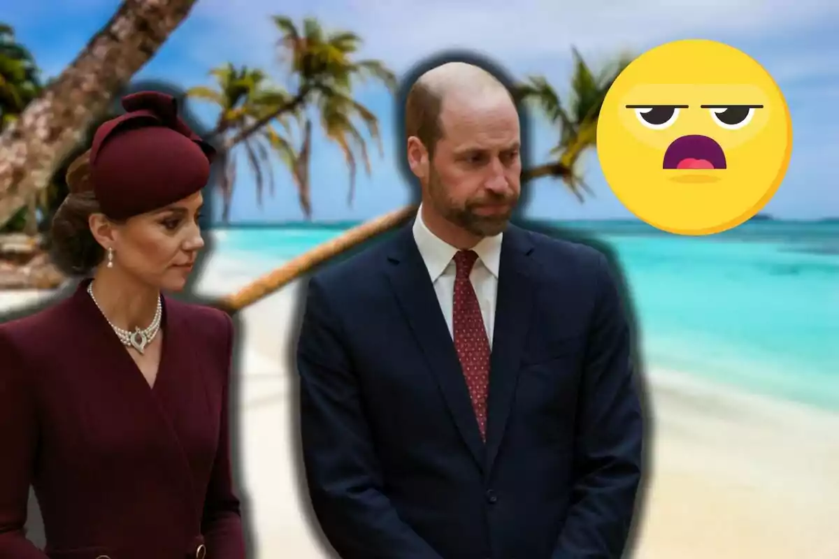 Kate Middleton i el príncep Guillem vestits formalment estan superposats sobre un fons de platja tropical amb un emoji d'expressió avorrida flotant al seu costat.